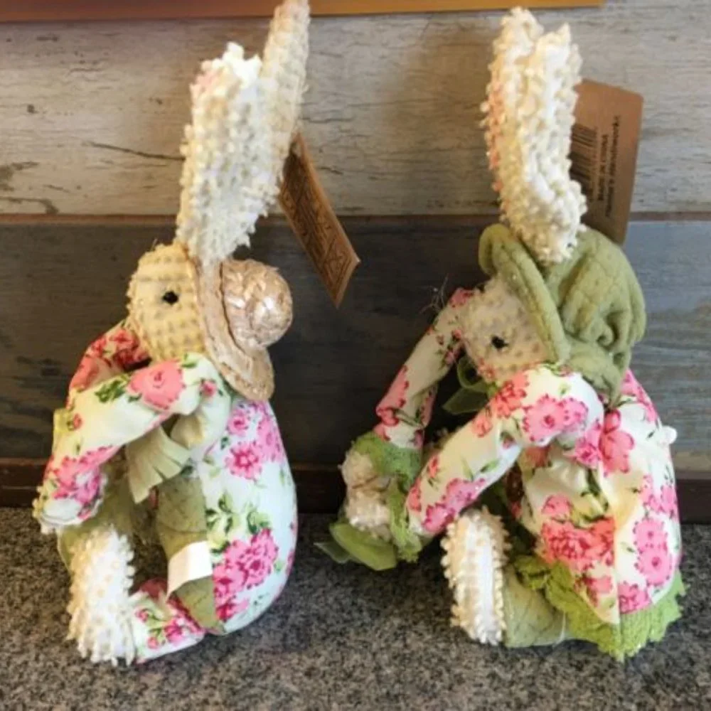 Shabby Chic Chenille Easter Bunny Rabbit Boy & Girl Plush Sitters NEW Lot of 2